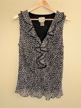 Vintage Ice Sleeveless Button Ruffle Top Sz 1X 100% Silk Black Grey Chic Flowy